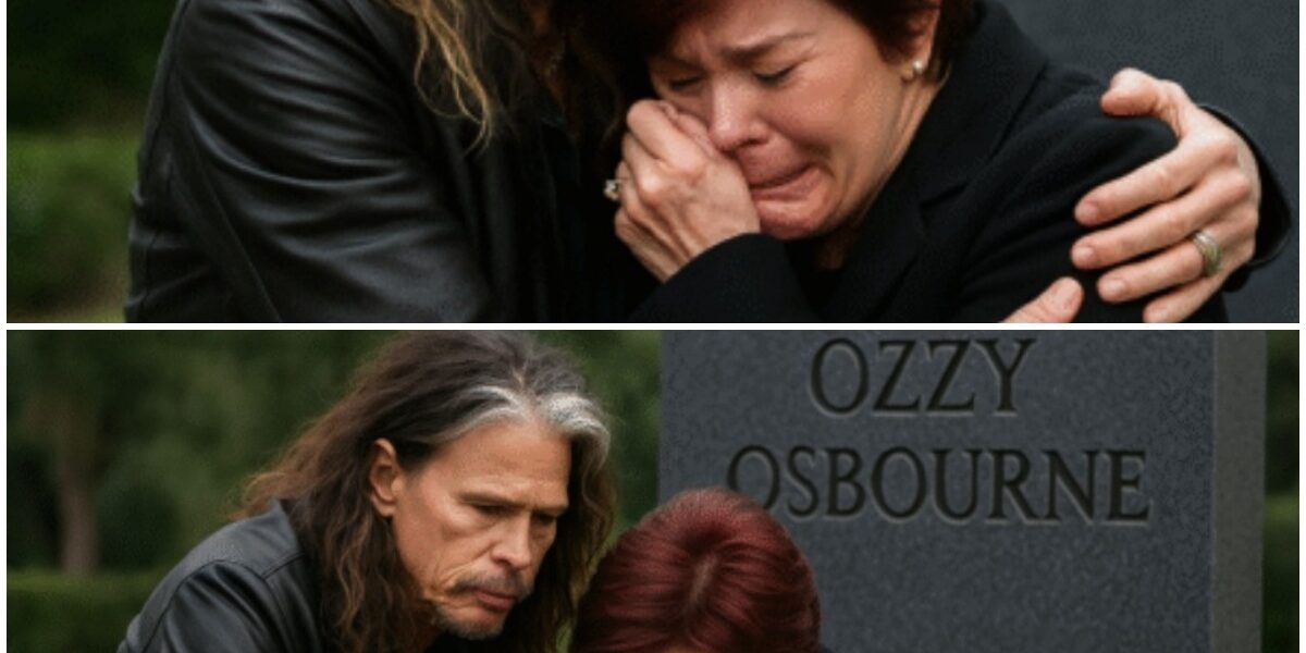 The cemetery fell into a heavy silence as Steven Tyler, dressed in black and visibly shaken, wrapped Sharon Osbourne in a tight embrace in front of Ozzy’s freshly covered grave, a moment so raw it brought mourners to tears