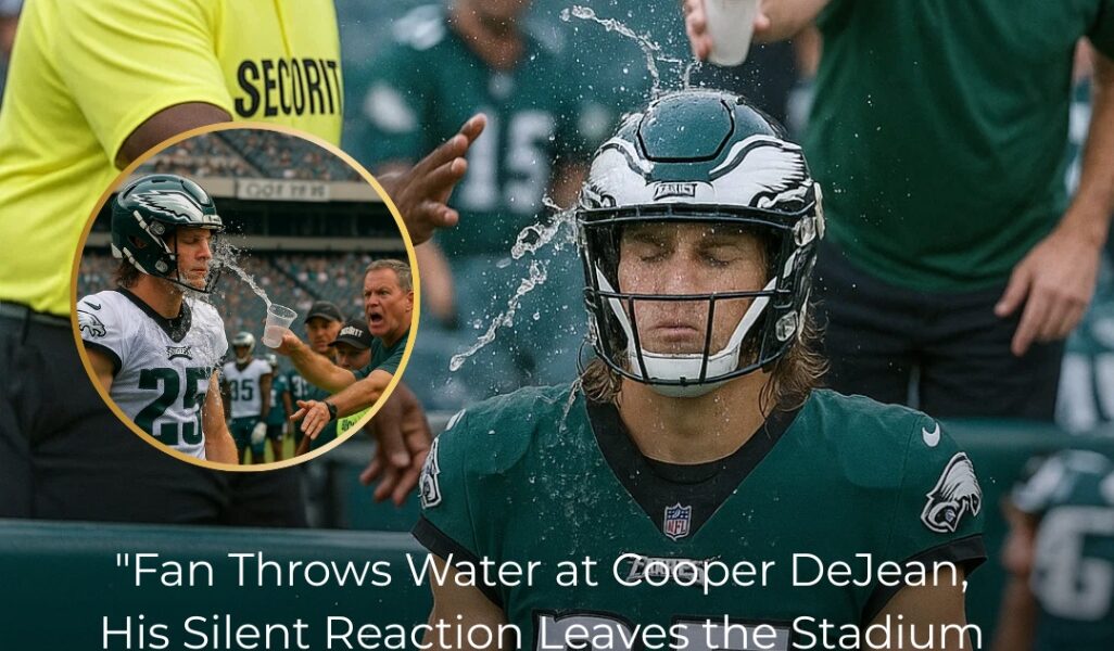 UNIQUE SCENE AT THE STADIUM: An overzealous fan threw a cup of water at Cooper DeJean – his silent reaction said it all… During a tense practice session at the Eagles training camp, an overzealous fan made a shocking move: he threw a cup of water at Cooper DeJean, while sarcastically saying: “Get off the field…”, leaving many players in shock. Security immediately intervened to prevent the worst, but no one expected Cooper DeJean’s next move to be greeted with thunderous applause…