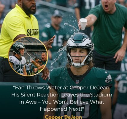 UNIQUE SCENE AT THE STADIUM: An overzealous fan threw a cup of water at Cooper DeJean – his silent reaction said it all… During a tense practice session at the Eagles training camp, an overzealous fan made a shocking move: he threw a cup of water at Cooper DeJean, while sarcastically saying: “Get off the field…”, leaving many players in shock. Security immediately intervened to prevent the worst, but no one expected Cooper DeJean’s next move to be greeted with thunderous applause…