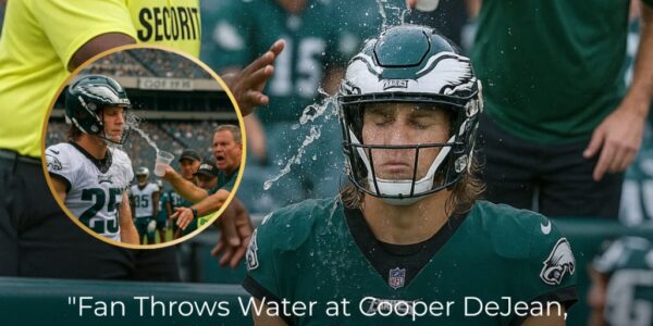 UNIQUE SCENE AT THE STADIUM: An overzealous fan threw a cup of water at Cooper DeJean – his silent reaction said it all… During a tense practice session at the Eagles training camp, an overzealous fan made a shocking move: he threw a cup of water at Cooper DeJean, while sarcastically saying: “Get off the field…”, leaving many players in shock. Security immediately intervened to prevent the worst, but no one expected Cooper DeJean’s next move to be greeted with thunderous applause…