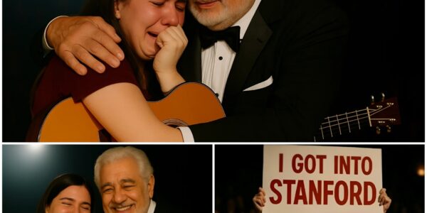 At Madrid’s Teatro Real, the hall fell silent when Plácido Domingo stopped mid-performance, his eyes caught by a handwritten sign: “I got into Stanford. You said we’d sing.” The sign belonged to Emily Carter, once a foster child who had met Domingo backstage at just nine years old. That night, he promised her: “When you get into college, if I’m still singing, we’ll sing together.” Years later, the promise came true. Domingo brought her on stage, and together they sang — trembling at first, then soaring — a moment of destiny fulfilled.