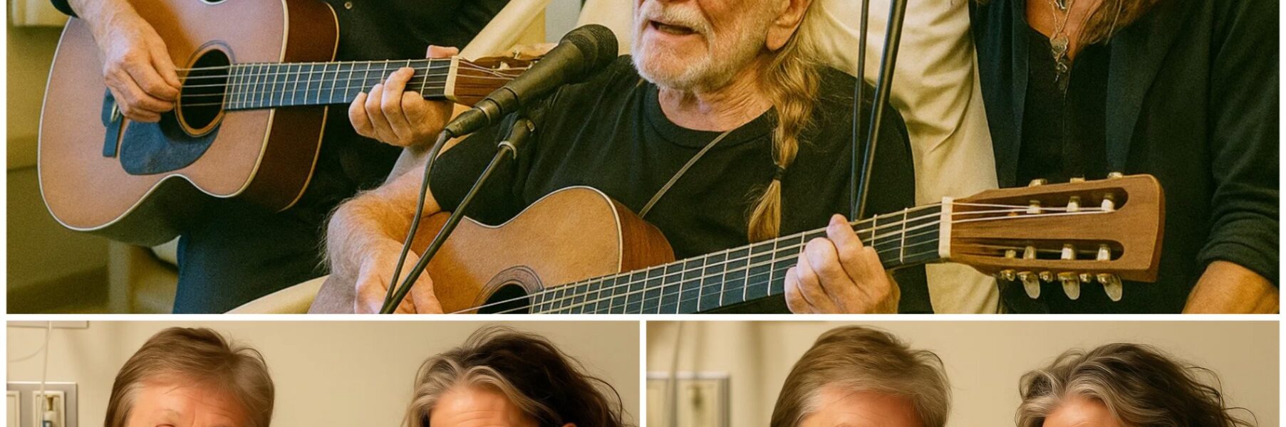 Whispers raced through Nashville: Willie Nelson was back in the hospital, his breathing faltering. Fans braced for the worst—yet gasps followed when Paul McCartney and Steven Tyler appeared, striding into his dimly lit room. The outlaw lay frail against his pillows, but his smile flickered as the rock legends clasped his hands. Nurses paused in the doorway, stunned at the sight—rebels of music now gathered in quiet reverence. Was this a farewell, or something deeper? For a heartbeat, the ward dissolved into decades of songs and smoke, as three giants turned a sterile night into a living hymn.