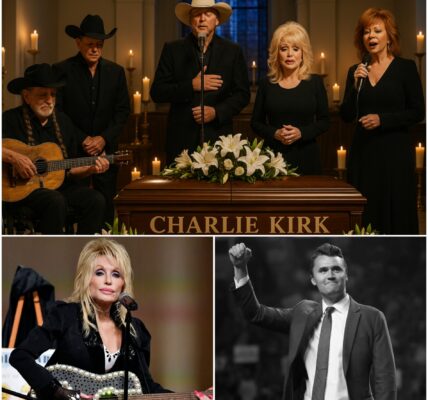 The chapel felt like the heart of America itself — hushed, aching, sacred. Dolly Parton stood at the center, her voice trembling yet radiant, a golden thread stitching broken hearts together. Beside her, Willie Nelson’s guitar wept softly, George Strait’s steady baritone carried strength, Alan Jackson’s hymn sounded like a prayer, and Reba McEntire’s voice rose like a dawn of hope. This was no concert, no stage for applause — it was a holy moment. Five legends stood shoulder to shoulder, sending Charlie Kirk home not with sorrow, but with glory, their harmonies wrapping the nation in grief and grace.