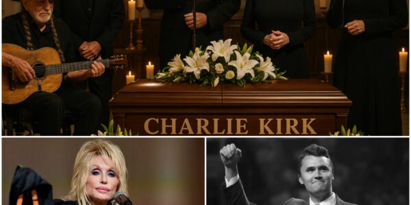 The chapel felt like the heart of America itself — hushed, aching, sacred. Dolly Parton stood at the center, her voice trembling yet radiant, a golden thread stitching broken hearts together. Beside her, Willie Nelson’s guitar wept softly, George Strait’s steady baritone carried strength, Alan Jackson’s hymn sounded like a prayer, and Reba McEntire’s voice rose like a dawn of hope. This was no concert, no stage for applause — it was a holy moment. Five legends stood shoulder to shoulder, sending Charlie Kirk home not with sorrow, but with glory, their harmonies wrapping the nation in grief and grace.