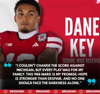 HEARTBREAK IN ANN ARBOR 💔🌽🏈: After Nebraska’s heartbreaking loss to Michigan, fans noticed wideout Dane Key carrying a tattoo marked with the colors of a cause and the number “988” — symbol of the Suicide & Crisis Lifeline. Later, through tears, he revealed his promise to honor his family and pledged $988,000 to ensure that no one ever feels alone in the fight for life.