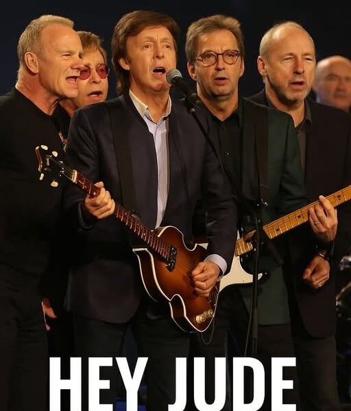 Paul McCartney, Sting, Elton John, Eric Clapton, Mark Knopfler, and Phil Collins — six giants of music, six unmistakable legacies. Together, they shared one stage, one spotlight, and one anthem: Hey Jude. The moment was nothing short of historic. The arena erupted as these legends blended their voices and instruments into a symphony of unity and timeless artistry. It wasn’t just a concert; it was a once-in-a-lifetime celebration of music’s power to unite generations — a performance the world may never witness again.