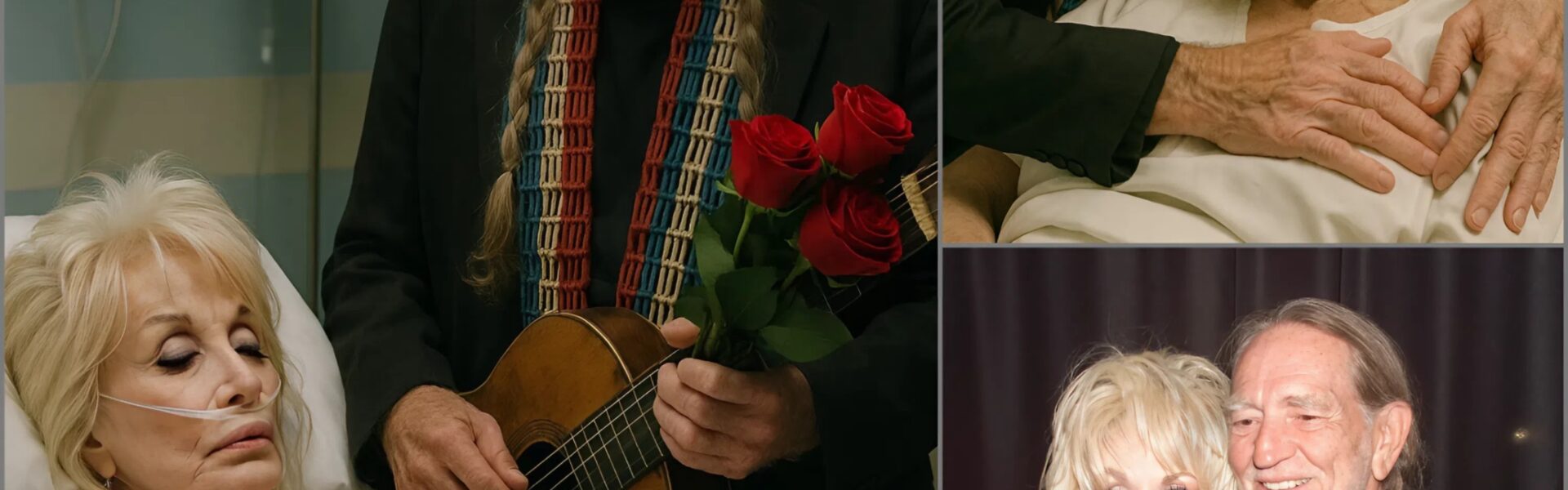 This evening, a quiet ward in a Nashville hospital became the setting for a moment no concert hall could contain. Willie Nelson, his battered guitar Trigger slung across his back, walked slowly toward a private room where his longtime friend Dolly Parton lay recovering after recent surgery. Willie said nothing at first. He simply pulled up a chair, set Trigger across his lap, and began to play a hushed, trembling version of “Always on My Mind.” The music filled the sterile room with warmth, turning antiseptic silence into something holy. Doctors and nurses paused in the hallway, listening as Dolly’s weary eyes glistened with tears. When the final note lingered, Willie leaned close, clasped Dolly’s hand, and murmured: “Sister, your song still shines — and so do you.”