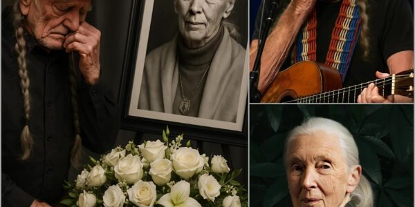AN UNEXPECTED MOMENT: The Crowd Fell Silent as Willie Nelson Whispered One Final Line… No one saw it coming. Under dim lights, Willie Nelson was gently wheeled to the center of the stage — his hat tipped low, Trigger resting in his hands. Moments earlier, the arena thundered with cheers. Then, silence. He began to sing — not for fame, but in memory of Jane Goodall, his late friend and kindred spirit. Each word trembled with reverence, carrying her legacy through the air. But it was his final whisper, barely caught by the mic, that stunned 20,000 people into tears — a single, cryptic line fans are still replaying to understand what Willie truly meant.