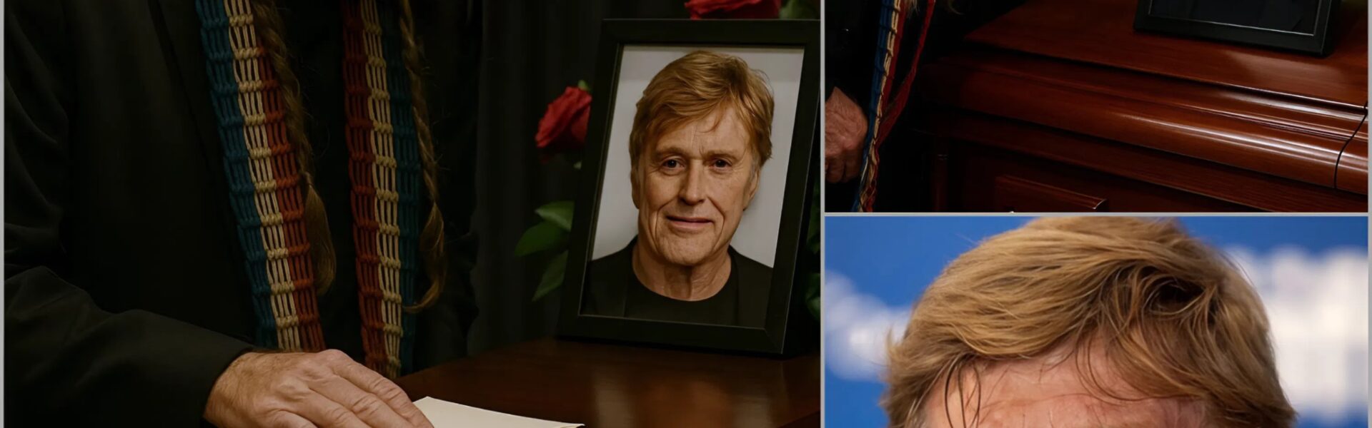 WILLIE’S WHISPERED GOODBYE No cameras were allowed inside the small chapel in Sundance, Utah, where family and friends gathered to bid farewell to Robert Redford. The air was thick with silence and snow pressed softly against the stained glass. When the final hymn ended, Willie Nelson rose slowly, a folded letter in his hand. He walked to the casket, placed it gently on the polished wood, and leaned close — whispering something no one could quite hear. Those nearby said it wasn’t a goodbye, but a promise — a vow between two old storytellers who had spent their lives chasing truth through song and film. As Willie turned to leave, a faint smile crossed his face. A single ray of sunlight broke through the window, landing where his letter lay — and those who saw it swear it moved, as if someone unseen had picked it up.