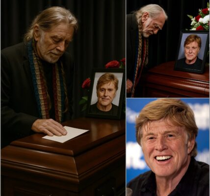 WILLIE’S WHISPERED GOODBYE No cameras were allowed inside the small chapel in Sundance, Utah, where family and friends gathered to bid farewell to Robert Redford. The air was thick with silence and snow pressed softly against the stained glass. When the final hymn ended, Willie Nelson rose slowly, a folded letter in his hand. He walked to the casket, placed it gently on the polished wood, and leaned close — whispering something no one could quite hear. Those nearby said it wasn’t a goodbye, but a promise — a vow between two old storytellers who had spent their lives chasing truth through song and film. As Willie turned to leave, a faint smile crossed his face. A single ray of sunlight broke through the window, landing where his letter lay — and those who saw it swear it moved, as if someone unseen had picked it up.