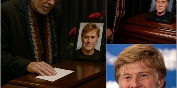WILLIE’S WHISPERED GOODBYE No cameras were allowed inside the small chapel in Sundance, Utah, where family and friends gathered to bid farewell to Robert Redford. The air was thick with silence and snow pressed softly against the stained glass. When the final hymn ended, Willie Nelson rose slowly, a folded letter in his hand. He walked to the casket, placed it gently on the polished wood, and leaned close — whispering something no one could quite hear. Those nearby said it wasn’t a goodbye, but a promise — a vow between two old storytellers who had spent their lives chasing truth through song and film. As Willie turned to leave, a faint smile crossed his face. A single ray of sunlight broke through the window, landing where his letter lay — and those who saw it swear it moved, as if someone unseen had picked it up.
