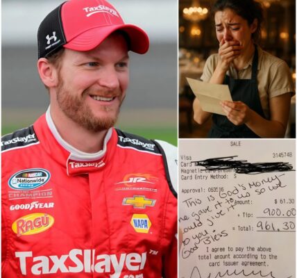 Lily, a 19-year-old waitress, had no idea the soft-spoken man at her table was NASCAR legend Dale Earnhardt Jr. He slipped out quietly, leaving only a folded receipt behind. When Lily opened it, she froze — then broke into tears. What Dale wrote wasn’t just kind… it changed her life forever.