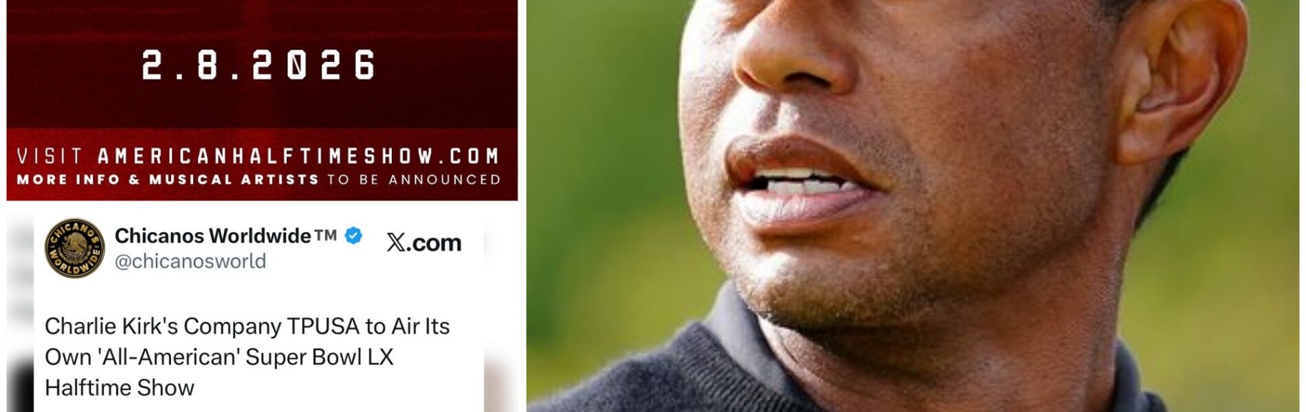 BREAKING NEWS: Former golf legend Tiger Woods has donated $7 million to Turning Point USA to support the upcoming “All-American Halftime Show,” following the organization’s announcement — founded by Charlie Kirk and now run by his wife — that it will host an alternative event to counter Bad Bunny’s official performance at Super Bowl LX on February 8, 2026, at Levi’s Stadium in California.