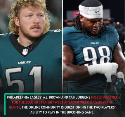 Philadelphia Eagles' A.J. Brown and Cam Jurgens missed practice for the second straight week ahead of Week 8 against the Giants. The online community is questioning the two players' ability to play in the upcoming game.